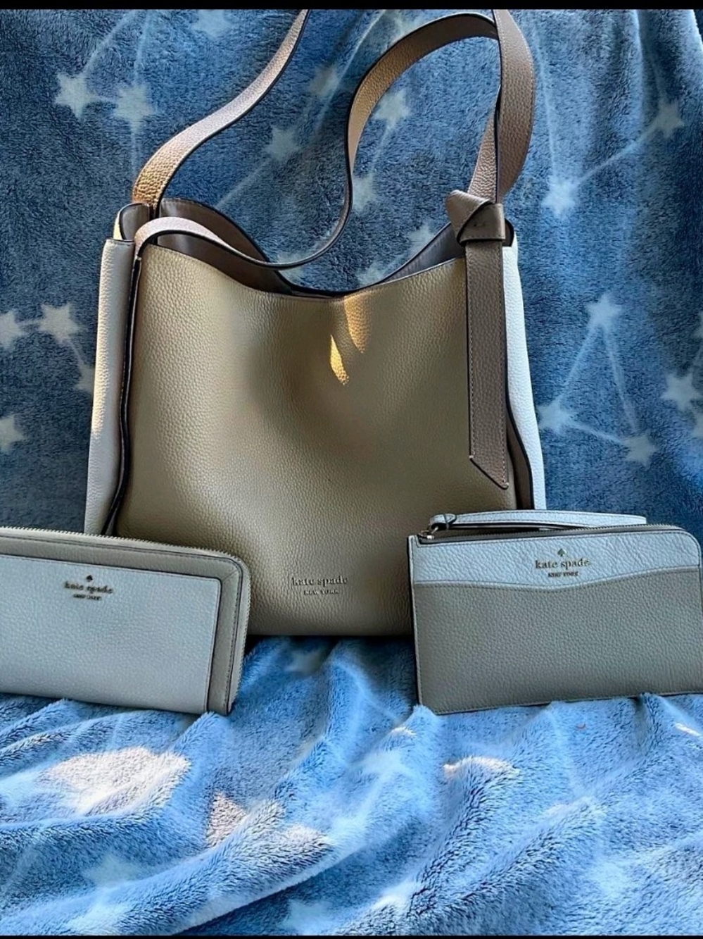 kate spade taupe and light gray leather shoulder bag set
